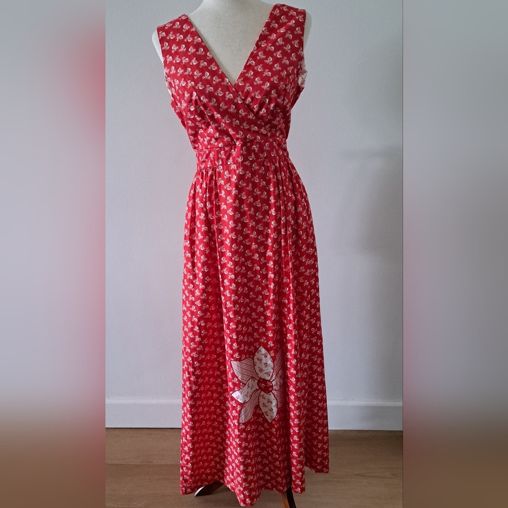 Vintage Concept 80s Swirl Wrap Maxi Dress With Pockets Red and White Sz 12